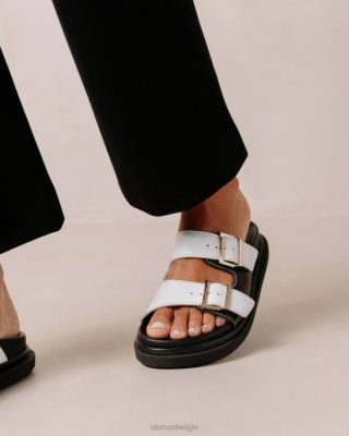 Alohas Belgie | Alohas Buckle -riem - zwart -witte lederen sandalen vrouwen Z22T415 zwart helder wit/wit